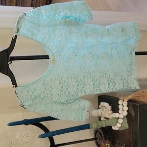 Mudd aqua, sheer velvet embroidery shirt. Jr's XL scoop neck and back